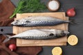 Tasty salted mackerels and products on gray wooden table, flat lay