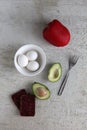 Tasty sandwich with avocado, tomato and poached eggs. Healthy delicious breakfast or lunch Royalty Free Stock Photo