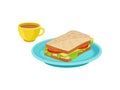 Tasty sandwich on blue plate and fresh coffee in yellow cup. Delicious food. Traditional breakfast. Flat vector design Royalty Free Stock Photo