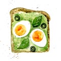 Tasty sandwich with boiled eggs, olives, guacamole. Watercolor illustration isolated on white background