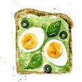 Tasty sandwich with boiled eggs, olives, guacamole. Watercolor illustration isolated on white background