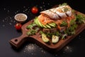 Tasty sandwich features salmon, avocado, sesame, and flax seeds
