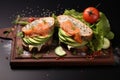 Tasty sandwich features salmon, avocado, sesame, and flax seeds