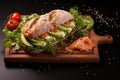 Tasty sandwich features salmon, avocado, sesame, and flax seeds