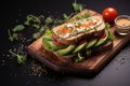 Tasty sandwich features salmon, avocado, sesame, and flax seeds
