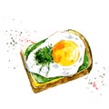 Tasty sandwich with fried eggs, olives, guacamole. Watercolor illustration isolated on white background. Vector.