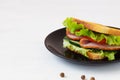 Tasty sandwich with ham, green salad, cucumbers and tomatoes on the wooden Royalty Free Stock Photo