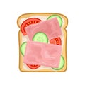 Tasty sandwich with slices of fresh cucumber, tomato and ham. Appetizing snack for lunch. Flat vector icon Royalty Free Stock Photo