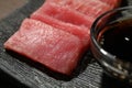 Tasty sashimi (pieces of fresh raw tuna) on plate