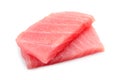 Tasty sashimi (pieces of raw tuna) on white background