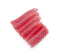 Tasty sashimi (slices of fresh raw tuna) isolated on white, top view