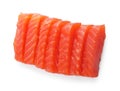 Tasty sashimi (slices of raw salmon) isolated on white, top view