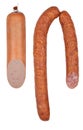 Tasty sausage is curtailed by a ring lies and Sausage stick isolated on a white background