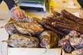 Counter with meat, sausage. Royalty Free Stock Photo