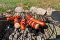 Tasty sausages prepared on the grill. A tasty meal outdoors in the home garden Royalty Free Stock Photo