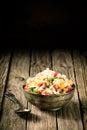 Tasty savory quinoa in an old rustic bowl