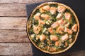 Tasty Savory Tart with salmon and spinach in the dish for baking