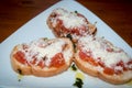 Tasty savory tomato bruschetta, on slices of toasted baguette garnished . Royalty Free Stock Photo