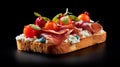 Tasty savory tomato, Ham and ollives Italian appetizers, or bruschetta