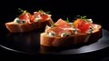 Tasty savory tomato, Ham and ollives Italian appetizers, or bruschetta