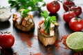 Tasty savory tomato Italian bruschetta, on slices of toasted baguette garnished with parsley Royalty Free Stock Photo