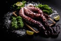 Tasty sea delicacy. Octopus tentacles with greens and limes on black background. Horisontal shot. Close-up