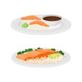 Tasty seafood dishes set. Sushi and salmon fish served on plate with rice with vector illustration Royalty Free Stock Photo