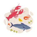 Tasty Seafood and Fresh Sea Product Vector Composition