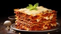 Tasty serving of traditional Italian lasagne with spicy tomato based ground beef Royalty Free Stock Photo