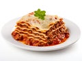 Tasty serving of traditional Italian lasagne with spicy tomato based ground beef Royalty Free Stock Photo