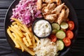 Tasty shawarma bowl with chicken, french fries, vegetables and sauce close-up. Horizontal top view