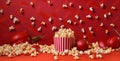 cinema corn blue salty film red background popcorn food box bucket. Generative AI.