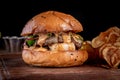 Tasty shrimp and beef burger with french fries Royalty Free Stock Photo