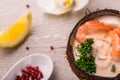 Tasty Shrimp soup with coconut milk, kaffir lime leaves, galangal, chilli and lemon grass in a coconut Royalty Free Stock Photo