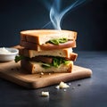 Tasty sliced ??bread sandwich with melted cheese and smoke coming out lightly toasted food photography Royalty Free Stock Photo