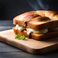 Tasty sliced ??bread sandwich with melted cheese and smoke coming out lightly toasted food photography Royalty Free Stock Photo