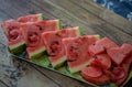 Tasty sliced watermelon on table. Cut the watermelon, red, green, Royalty Free Stock Photo