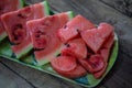 Tasty sliced watermelon on table. Cut the watermelon, red, green, Royalty Free Stock Photo