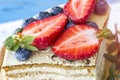 Tasty slices of ripe strawberries decorate the cake.