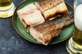 Smoked trout salmon and beer Royalty Free Stock Photo