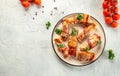 Tasty snack from chicken meat, bacon on a light background. banner, menu, recipe place for text, top view Royalty Free Stock Photo
