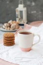 A tasty snack: a cup of tea and a stack of cookies Royalty Free Stock Photo