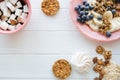 Tasty snacks on white table, different kinds of fruits and cookies, copy space