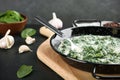 spinach dip in frying pan on black table Royalty Free Stock Photo