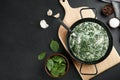 Tasty spinach dip in frying pan on table. Space for text Royalty Free Stock Photo