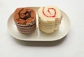 Tasty Sponge cake roll with chocolate, vanilla and berry cream, in plate isolated on white backdrop Royalty Free Stock Photo