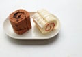 Tasty Sponge cake roll with chocolate, vanilla and berry cream, in plate isolated on white backdrop Royalty Free Stock Photo