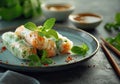 Spring Rolls With Vegetables On a Plate, Sauces And Chopsticks, AI Generated Royalty Free Stock Photo