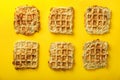 Tasty squash waffles on color background, top view