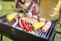 Tasty steak, sausages and fresh vegetables on BBQ Royalty Free Stock Photo